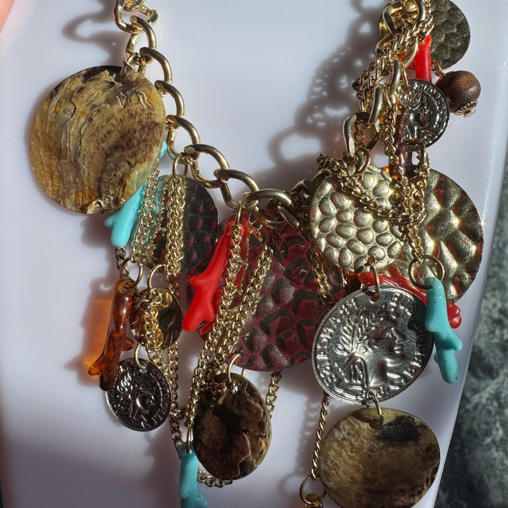 Gold Multi-Disc Charm Necklace with Turquoise & Coral Accents